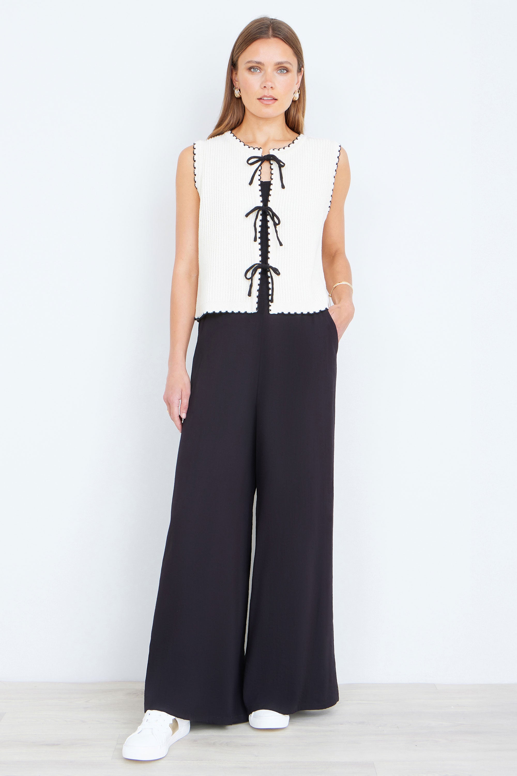 Yumi Ivory Knitted Waistcoat with Bow Trims