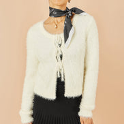 Yumi Ivory Eyelash Fluffy Knit Bolero with Tie Front