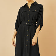 Yumi Black Stretch Midi Shirt Dress