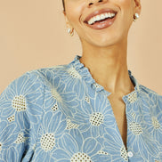 Yumi Blue Daisy Broderie Shirt with Fluted Sleeves