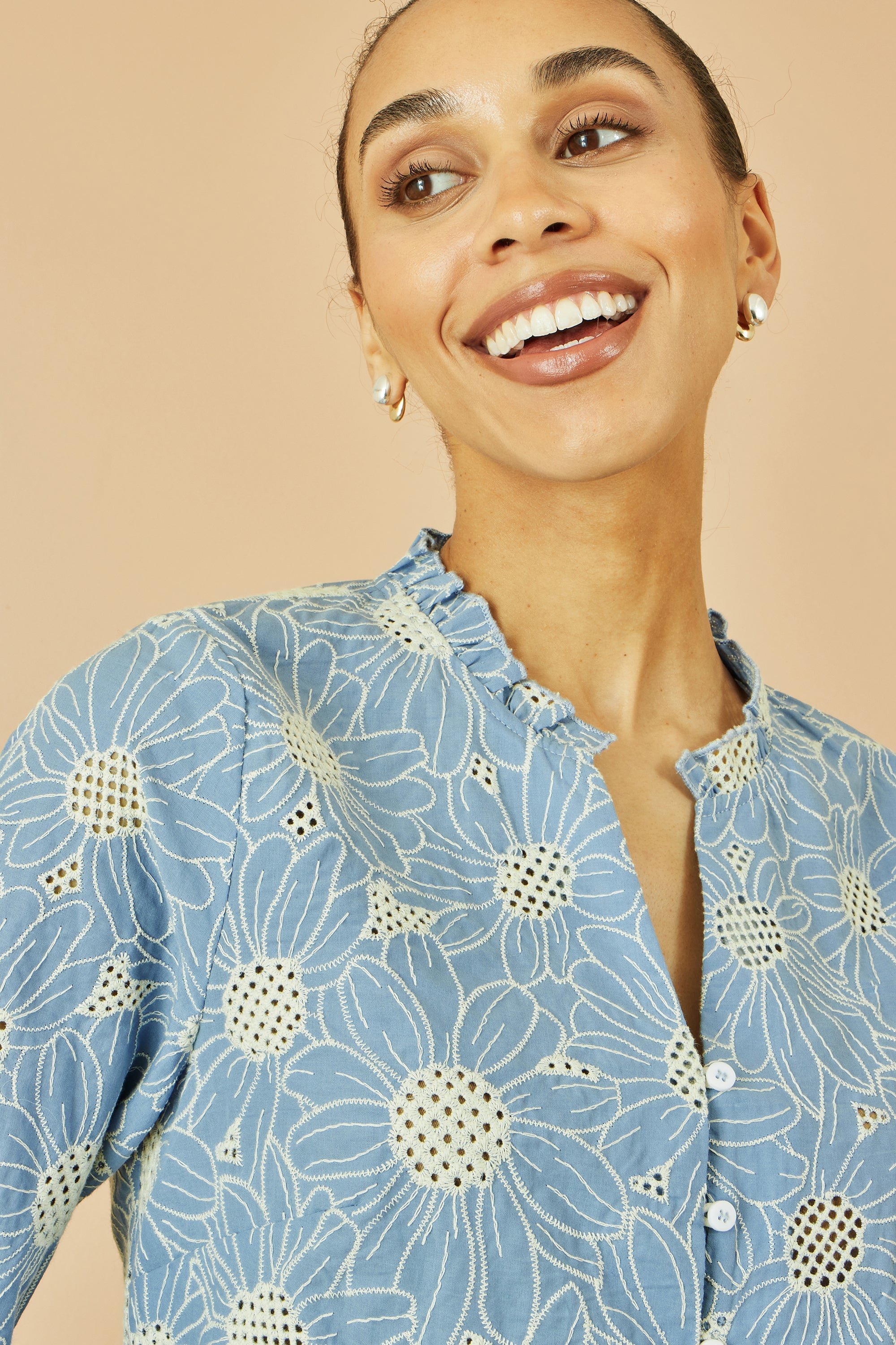Yumi Blue Daisy Broderie Shirt with Fluted Sleeves