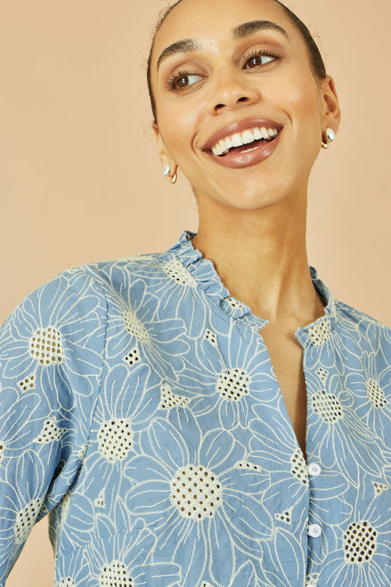 Yumi Blue Daisy Broderie Shirt with Fluted Sleeves