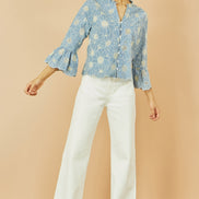 Yumi Blue Daisy Broderie Shirt with Fluted Sleeves