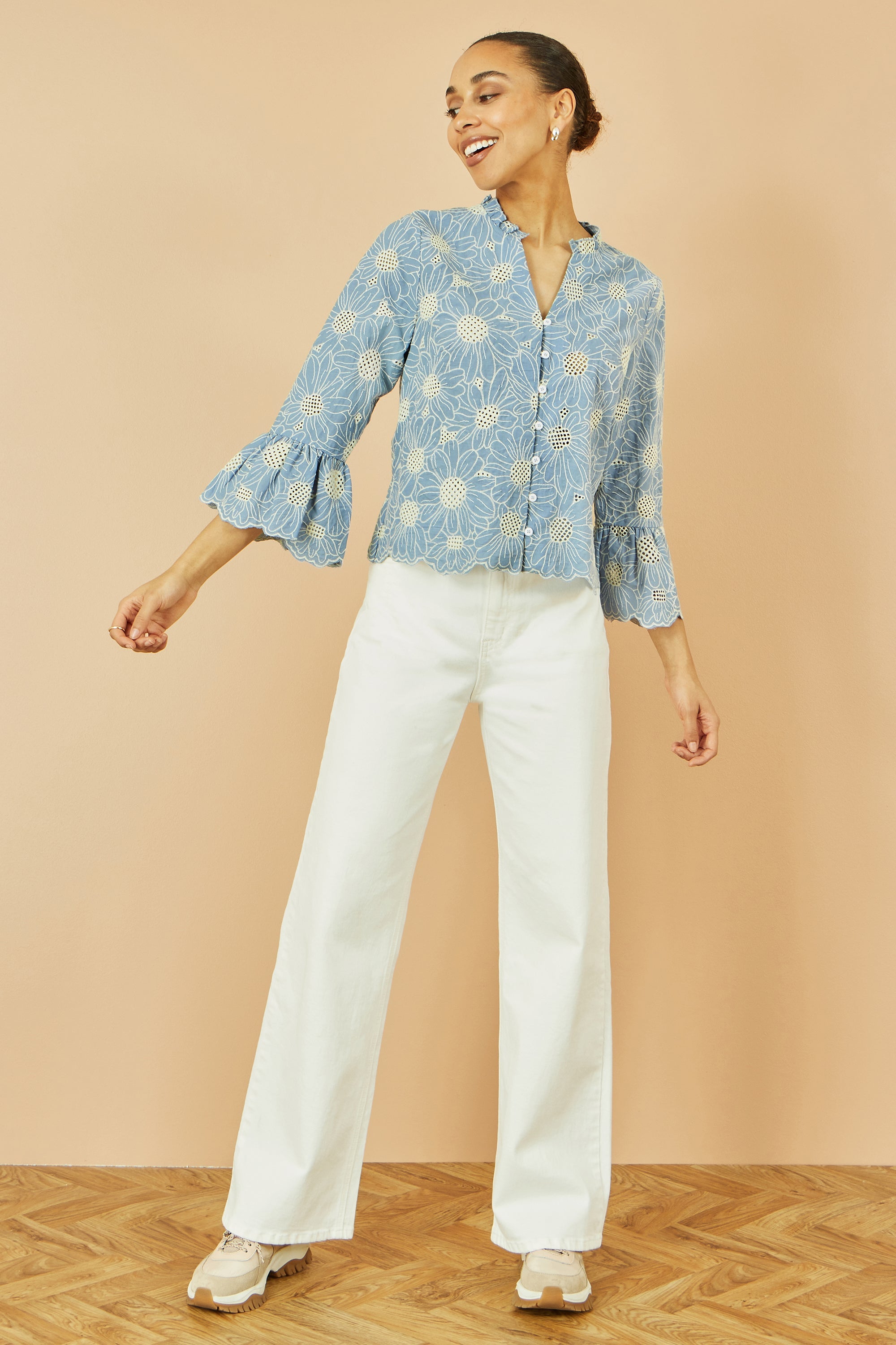 Yumi Blue Daisy Broderie Shirt with Fluted Sleeves