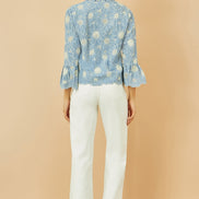 Yumi Blue Daisy Broderie Shirt with Fluted Sleeves