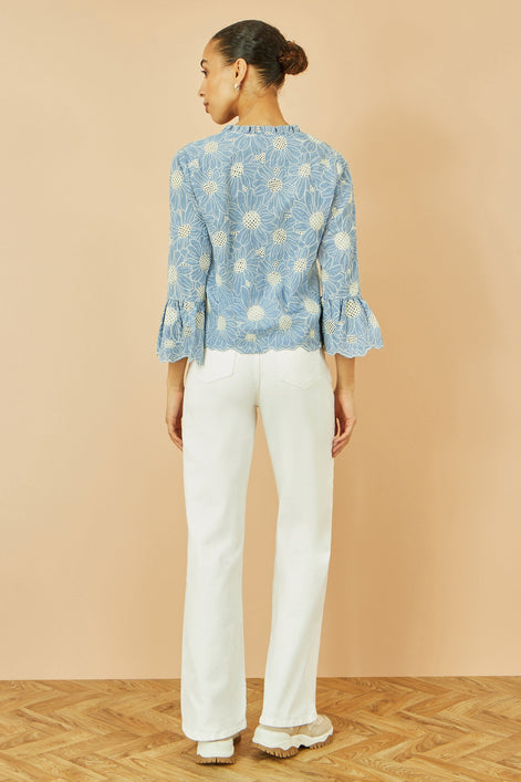 Yumi Blue Daisy Broderie Shirt With Fluted Sleeves
