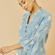 Yumi Blue Daisy Broderie Shirt with Fluted Sleeves