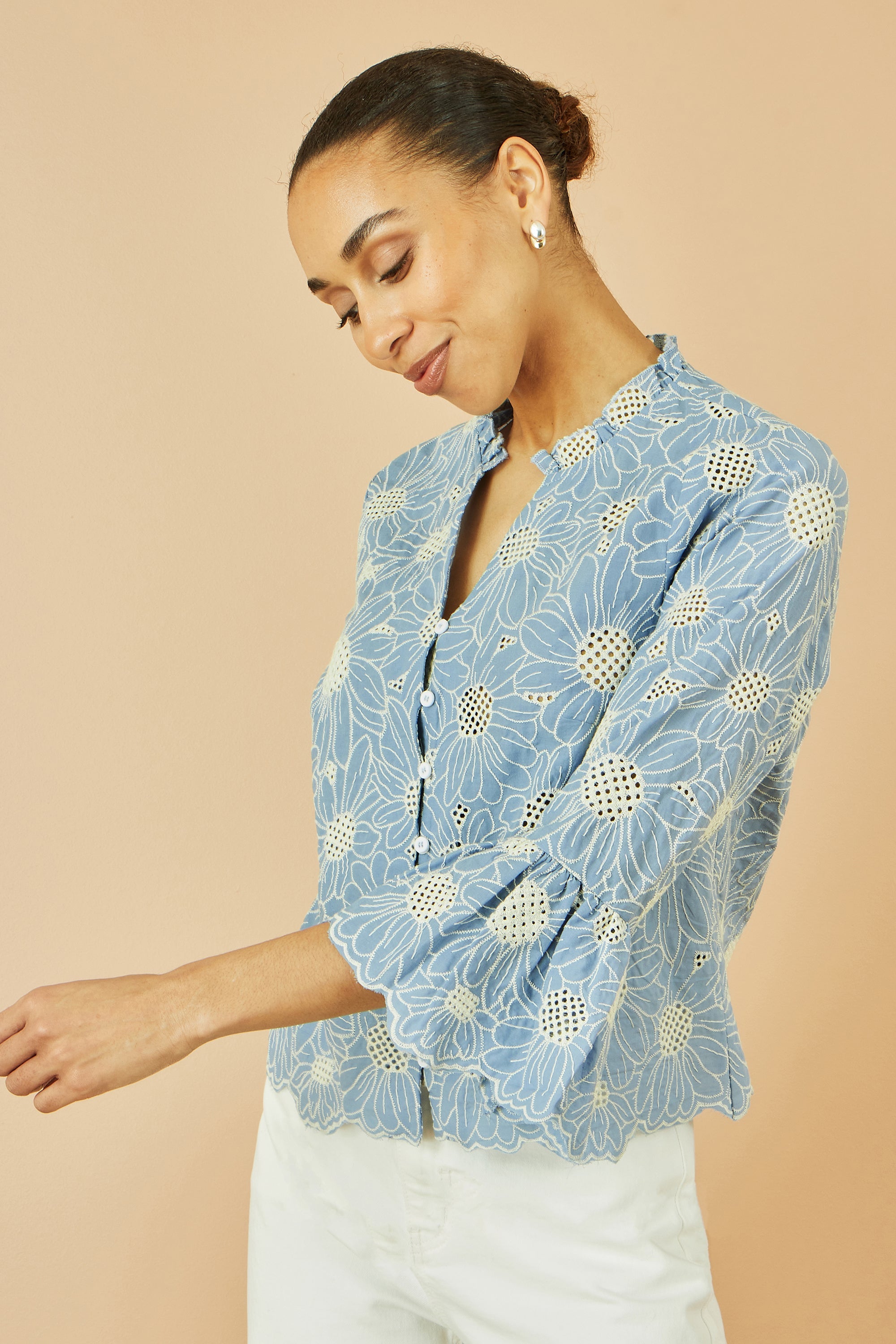 Yumi Blue Daisy Broderie Shirt with Fluted Sleeves