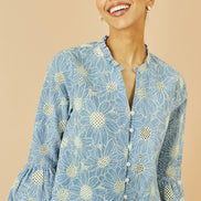 Yumi Blue Daisy Broderie Shirt with Fluted Sleeves