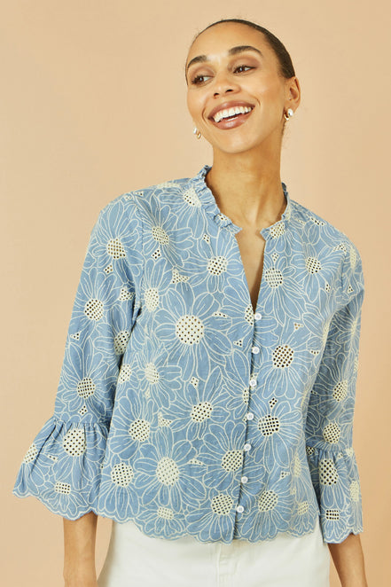 Yumi Blue Daisy Broderie Shirt with Fluted Sleeves