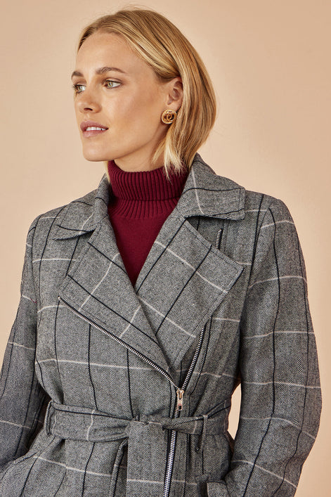 Yumi Grey Check Oversize Long Biker Coat
