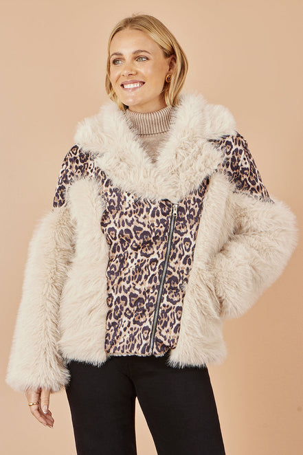 Yumi Cream Fur Biker Jacket with Leopard Print
