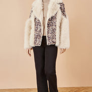 Yumi Cream Fur Biker Jacket with Leopard Print