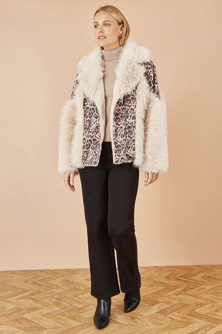 Yumi Cream Fur Biker Jacket with Leopard Print