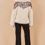 Yumi Cream Fur Biker Jacket with Leopard Print