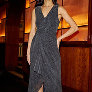 Yumi Black Metallic Pleated Frill Wrap Midi Dress