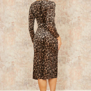 Yumi Brown Velvet Leopard Print Fitted Midi Dress