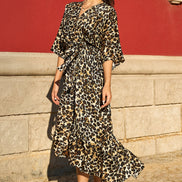 Yumi Brown Leopard Midi Wrap Dress with Kimono Sleeves