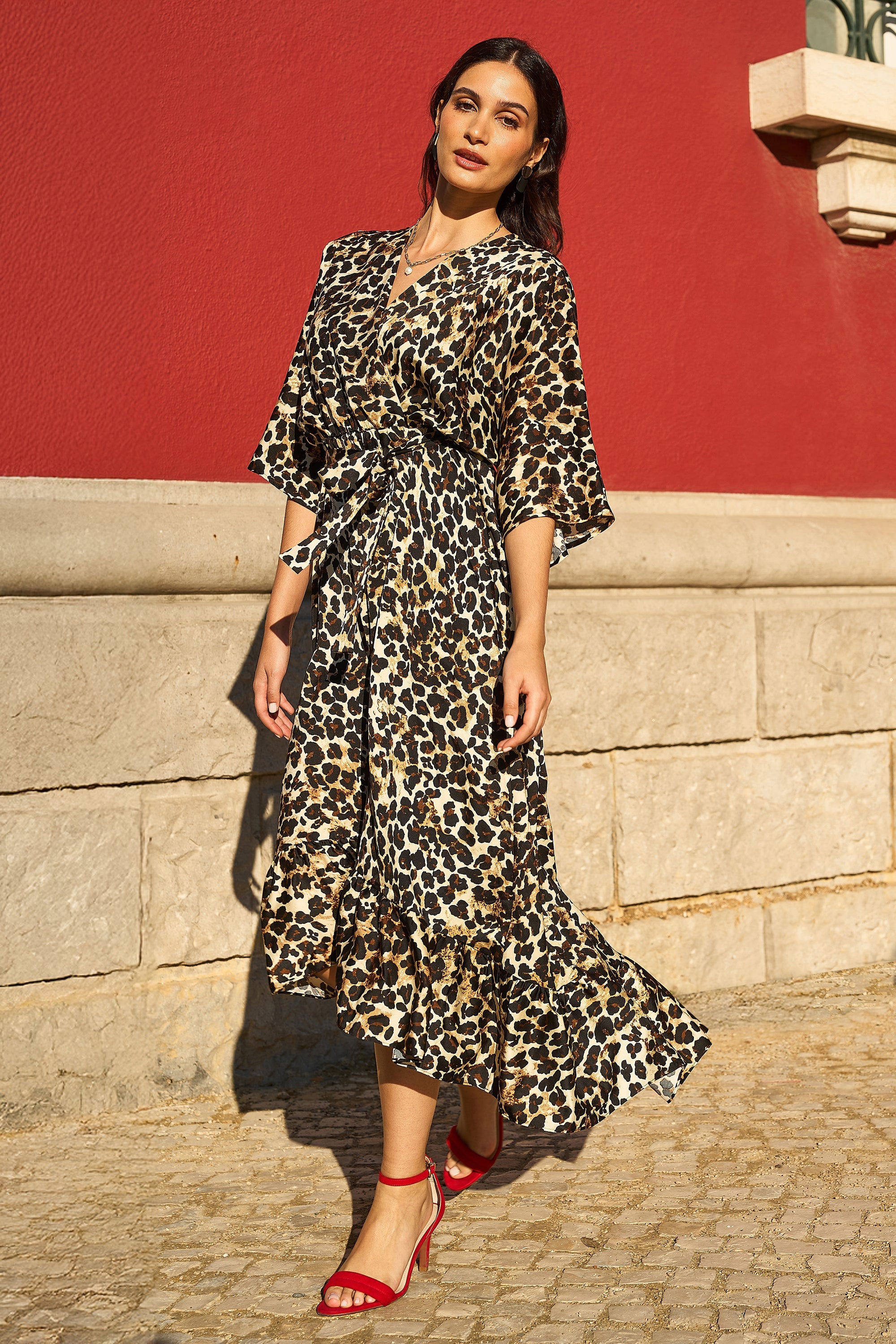 Yumi Brown Leopard Midi Wrap Dress with Kimono Sleeves