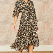 Yumi Brown Leopard Midi Wrap Dress with Kimono Sleeves