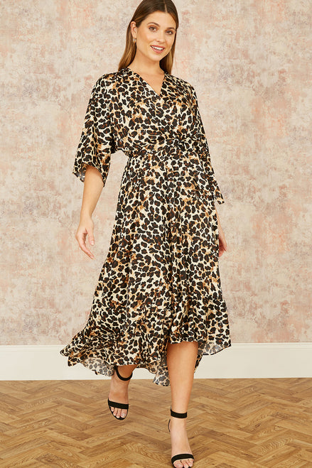 Yumi Brown Leopard Midi Wrap Dress with Kimono Sleeves