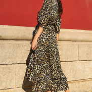 Yumi Brown Leopard Midi Wrap Dress with Kimono Sleeves
