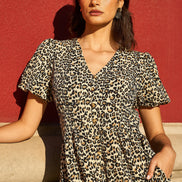 Yumi Brown Leopard Print Pleated Button Through Midi Dress