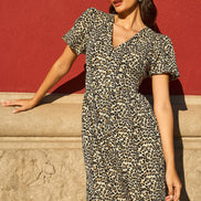Yumi Brown Leopard Print Pleated Button Through Midi Dress