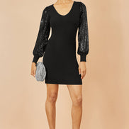 Yumi Black Knitted Fitted Dress with Sequin Sleeves