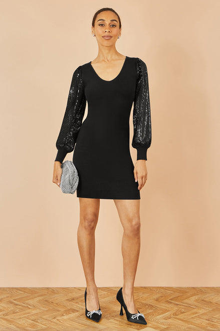 Yumi Black Knitted Fitted Dress with Sequin Sleeves