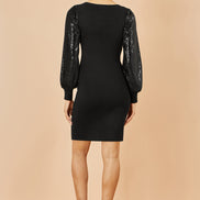 Yumi Black Knitted Fitted Dress with Sequin Sleeves