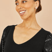 Yumi Black Knitted Fitted Dress with Sequin Sleeves