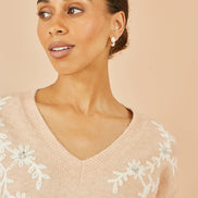 Yumi Oatmeal Floral Embroidered V Neck Relaxed Knitted Jumper