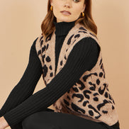 Yumi Beige Animal Print Intarsia Tie Front Waistcoat