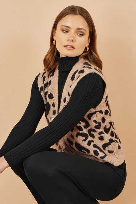 Yumi Beige Animal Print Intarsia Tie Front Waistcoat