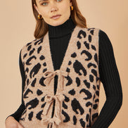Yumi Beige Animal Print Intarsia Tie Front Waistcoat