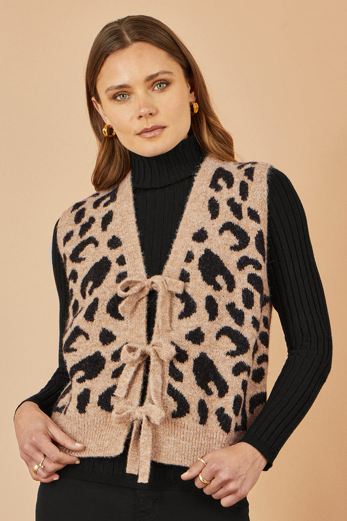 Yumi Beige Animal Print Intarsia Tie Front Waistcoat