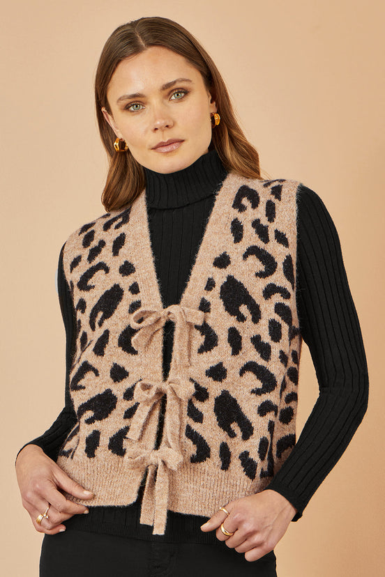 Yumi Beige Animal Print Intarsia Tie Front Waistcoat
