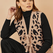 Yumi Beige Animal Print Intarsia Tie Front Waistcoat