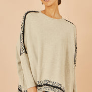Yumi Oatmeal Leopard Print Border Relaxed Fit Jumper