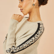 Yumi Oatmeal Leopard Print Border Relaxed Fit Jumper