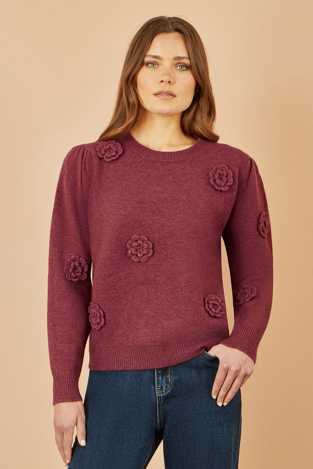 Yumi Burgundy Knitted Jumper with Crochet Flowers