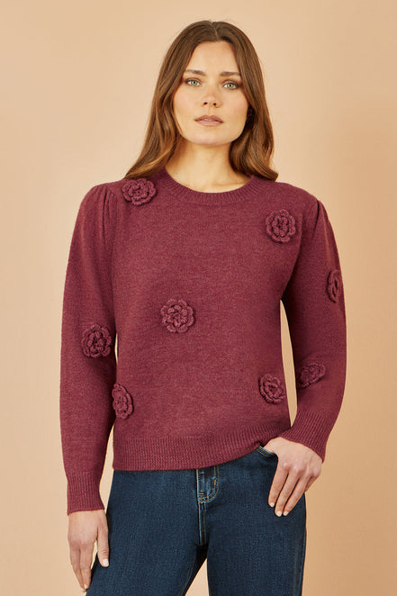 Yumi Burgundy Knitted Jumper with Crochet Flowers