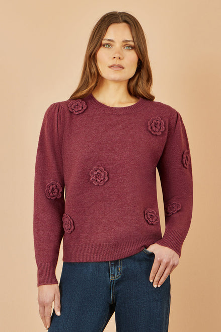 Yumi Burgundy Knitted Jumper with Crochet Flowers
