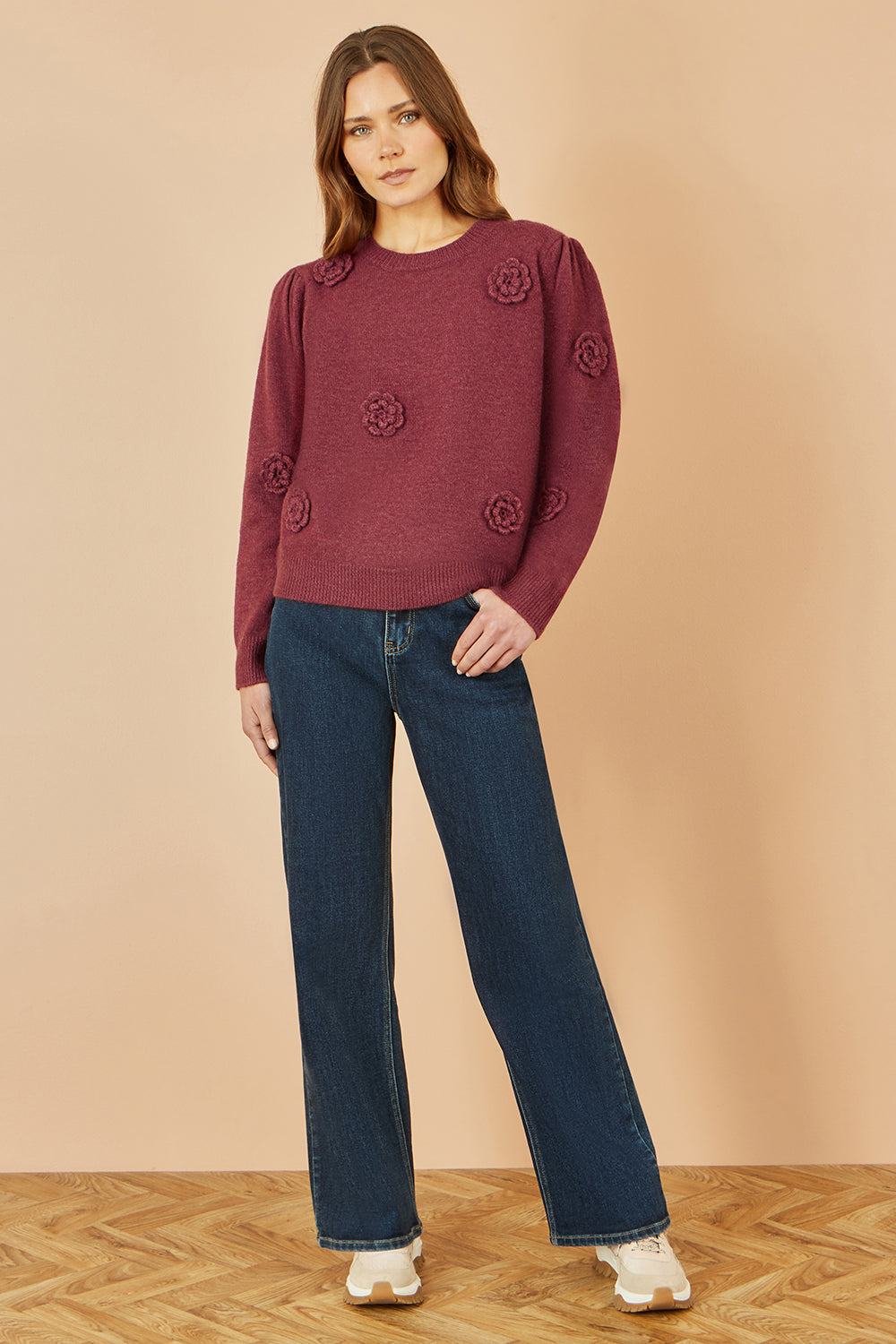 Yumi Burgundy Knitted Jumper with Crochet Flowers