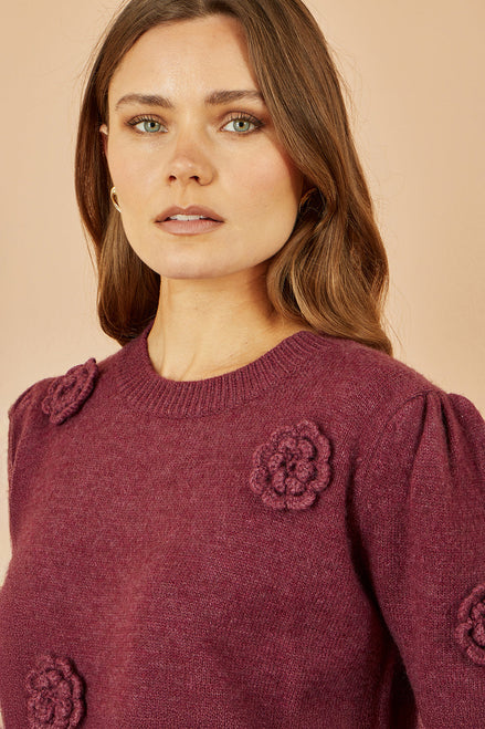 Yumi Burgundy Knitted Jumper with Crochet Flowers
