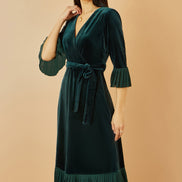 Yumi Green Velvet Wrap Midi Dress with Contrast Hemline
