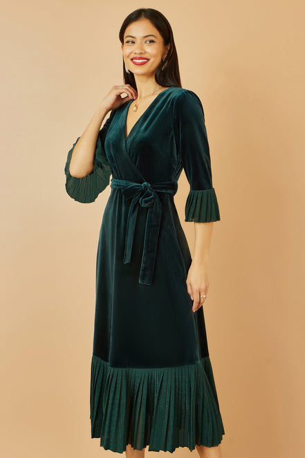 Yumi Green Velvet Wrap Midi Dress with Contrast Hemline