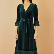 Yumi Green Velvet Wrap Midi Dress with Contrast Hemline
