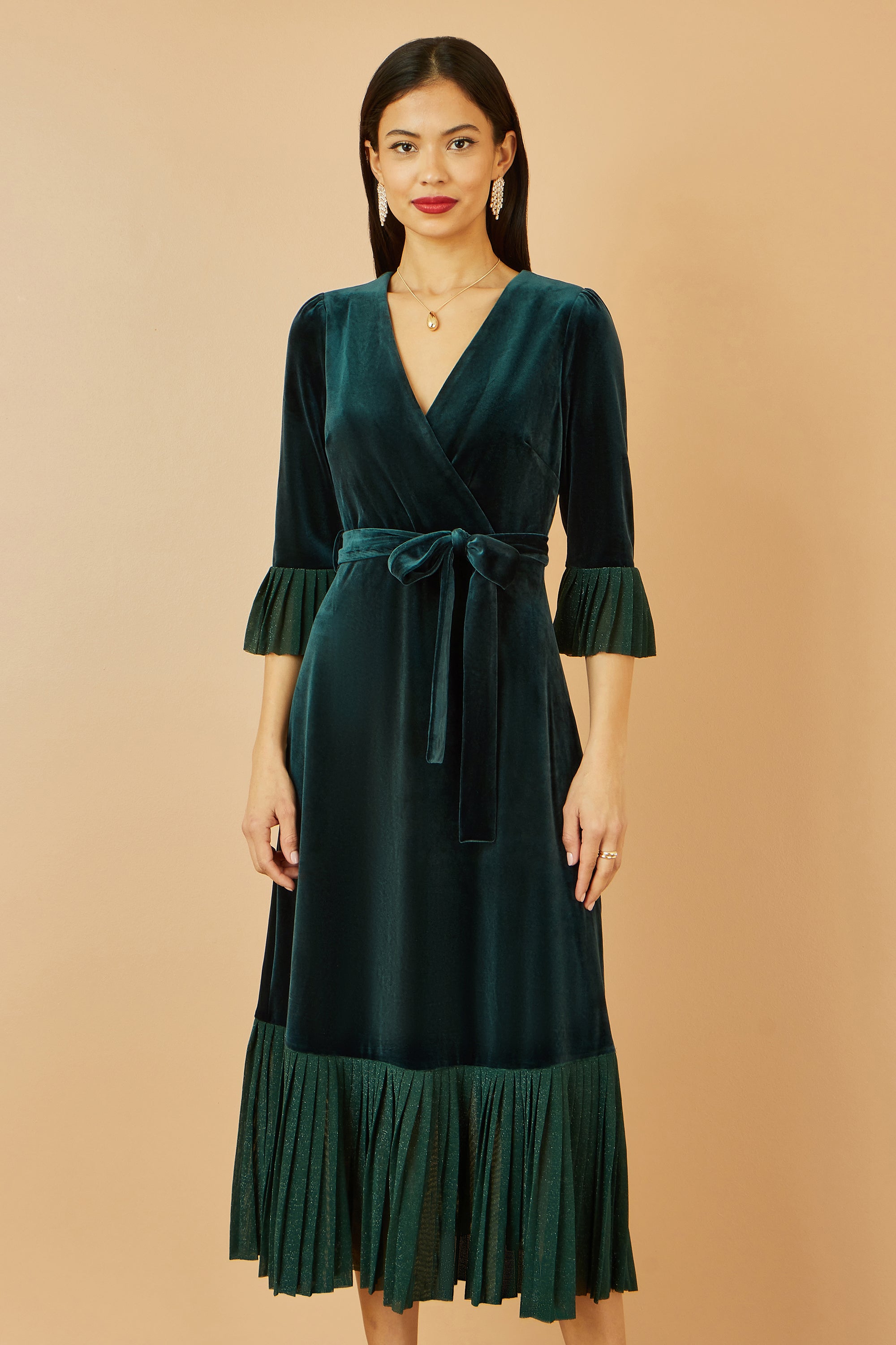 Yumi Green Velvet Wrap Midi Dress with Contrast Hemline